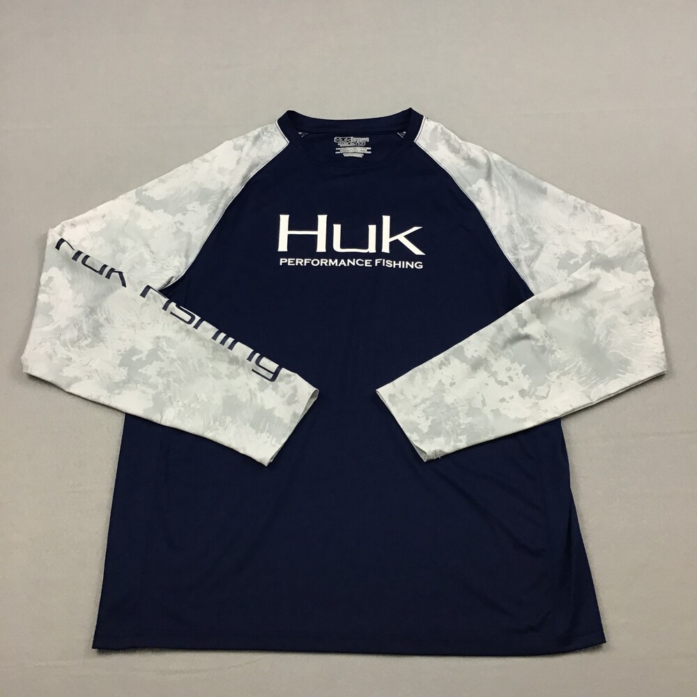 Huk Shirt Men Medium Blue Gray Camo Sleeve Fishing Top Pullover Crewneck M